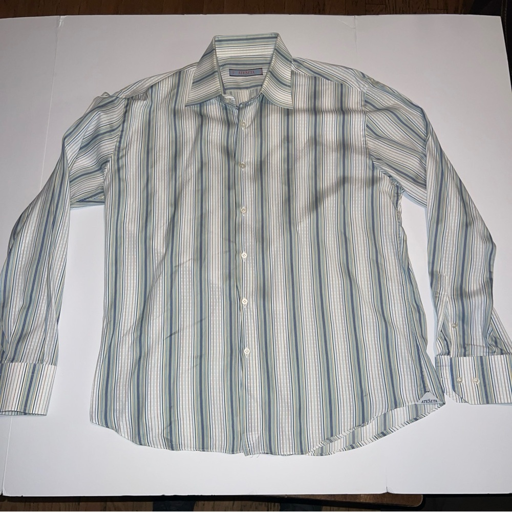 AteSeta Dress Shirt Men's 43-17 Long Sleeve Button Down Blue Striped